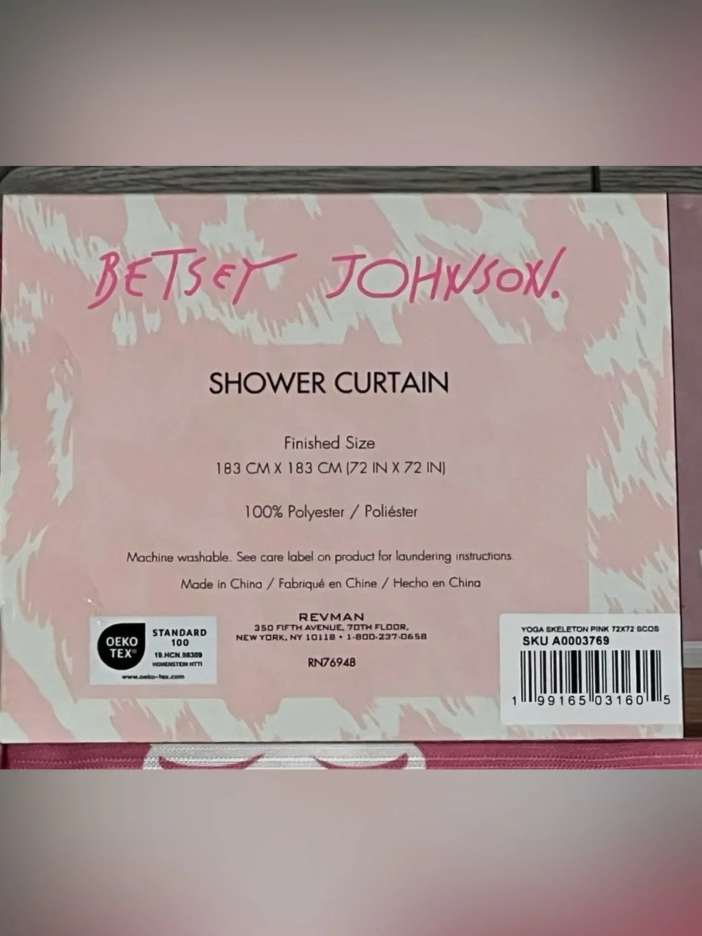 BETSEY JOHNSON Pink Yoga Skeleton Fabric Shower Curtain 72x72 Skull Halloween